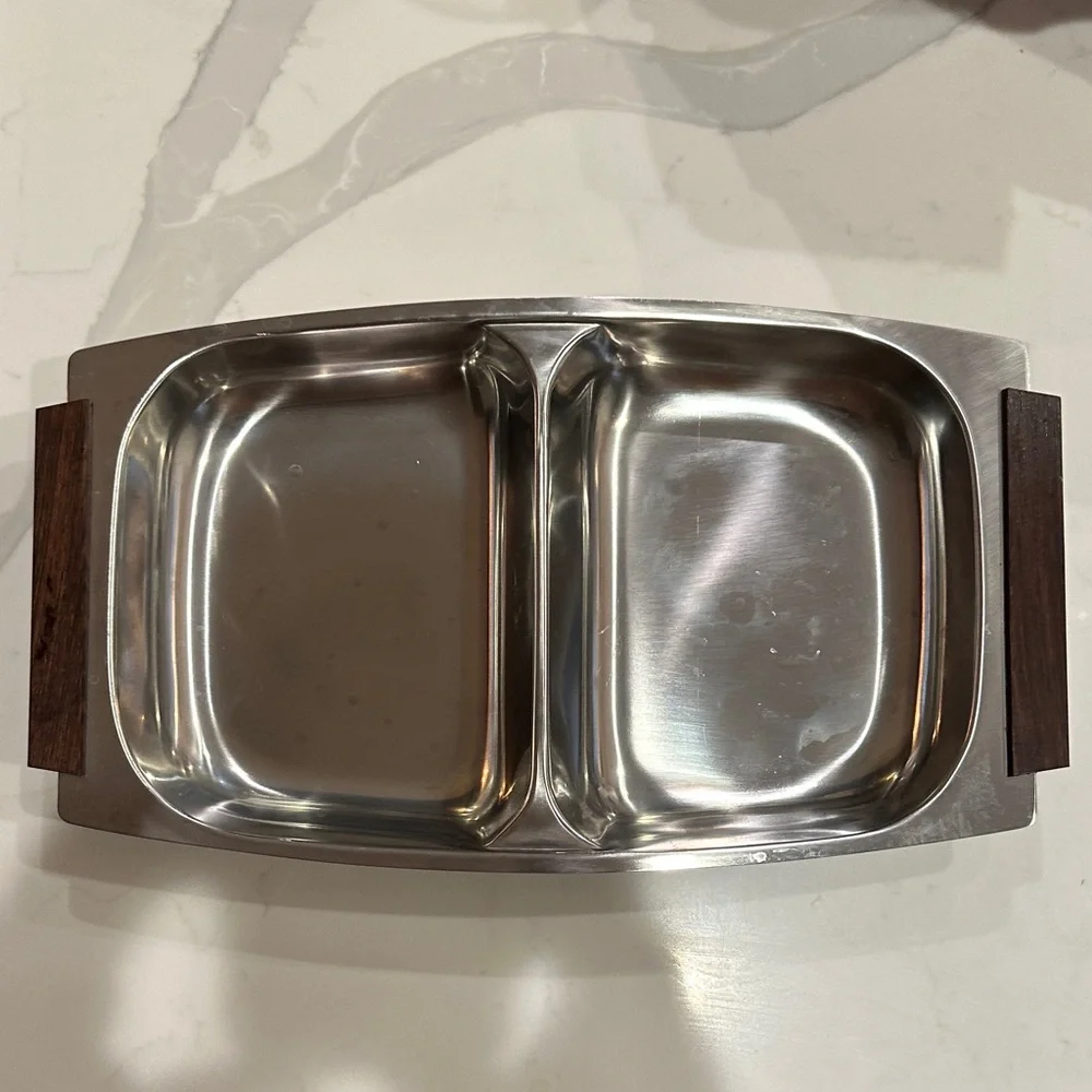 MCM Stainless Steel Divided Serving Tray with Wooden Handles